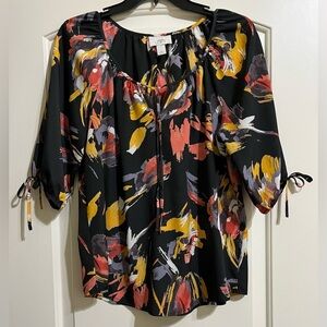 Ann Taylor LOFT Black Multicolor Abstract Blouse Top With Tie Neck Sleeves M